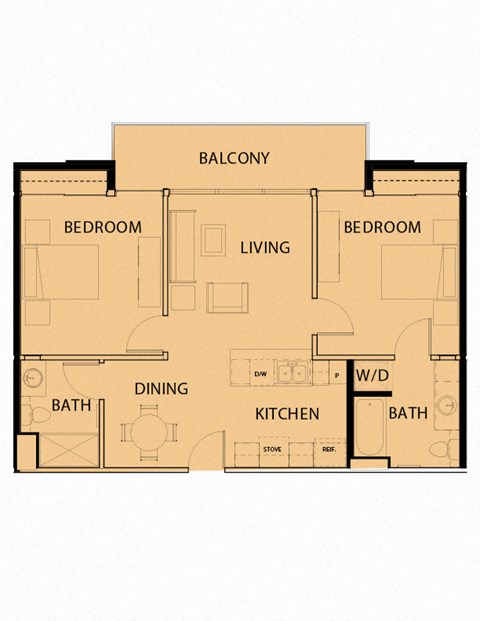 Floor plan for 2 beds, 2 baths, 941 sqft